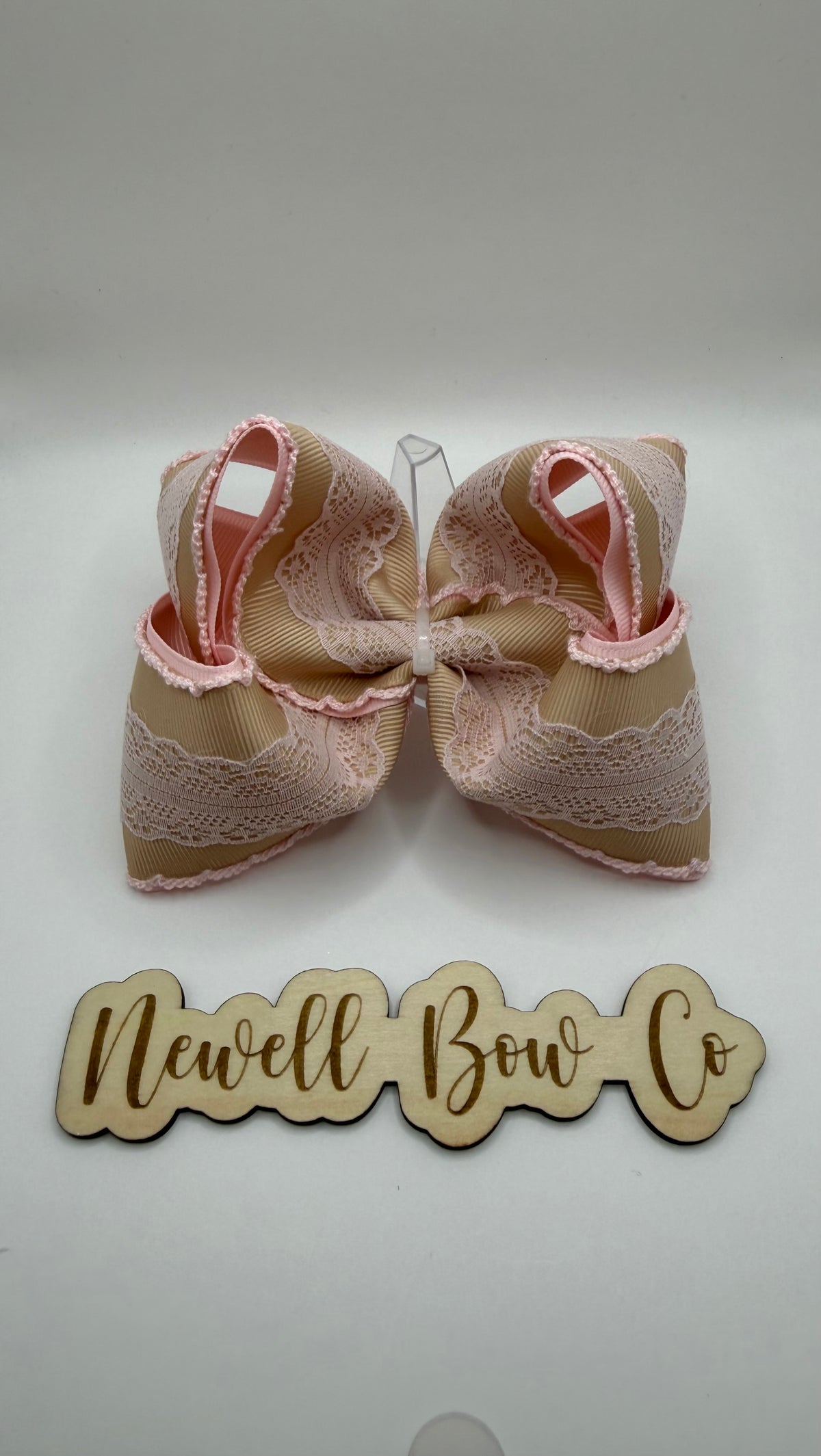 RTS 4.5 inch light pink lace + tan bow