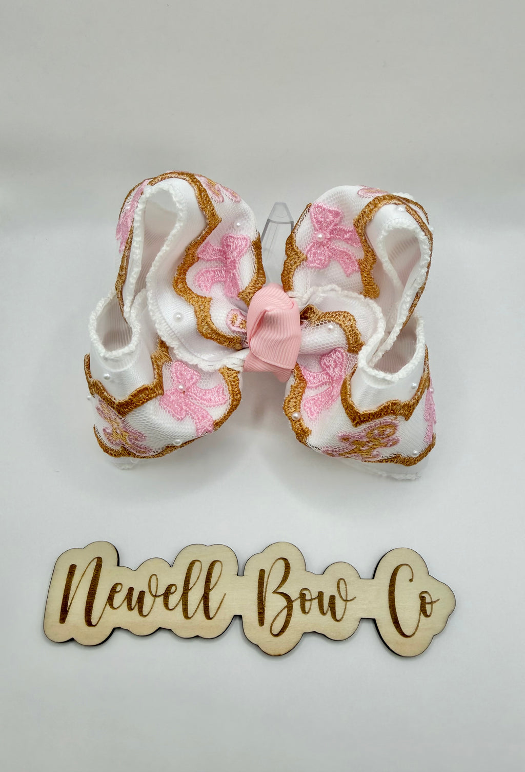 Ginger Bread Custom Lace Bow with Satin and Pearls