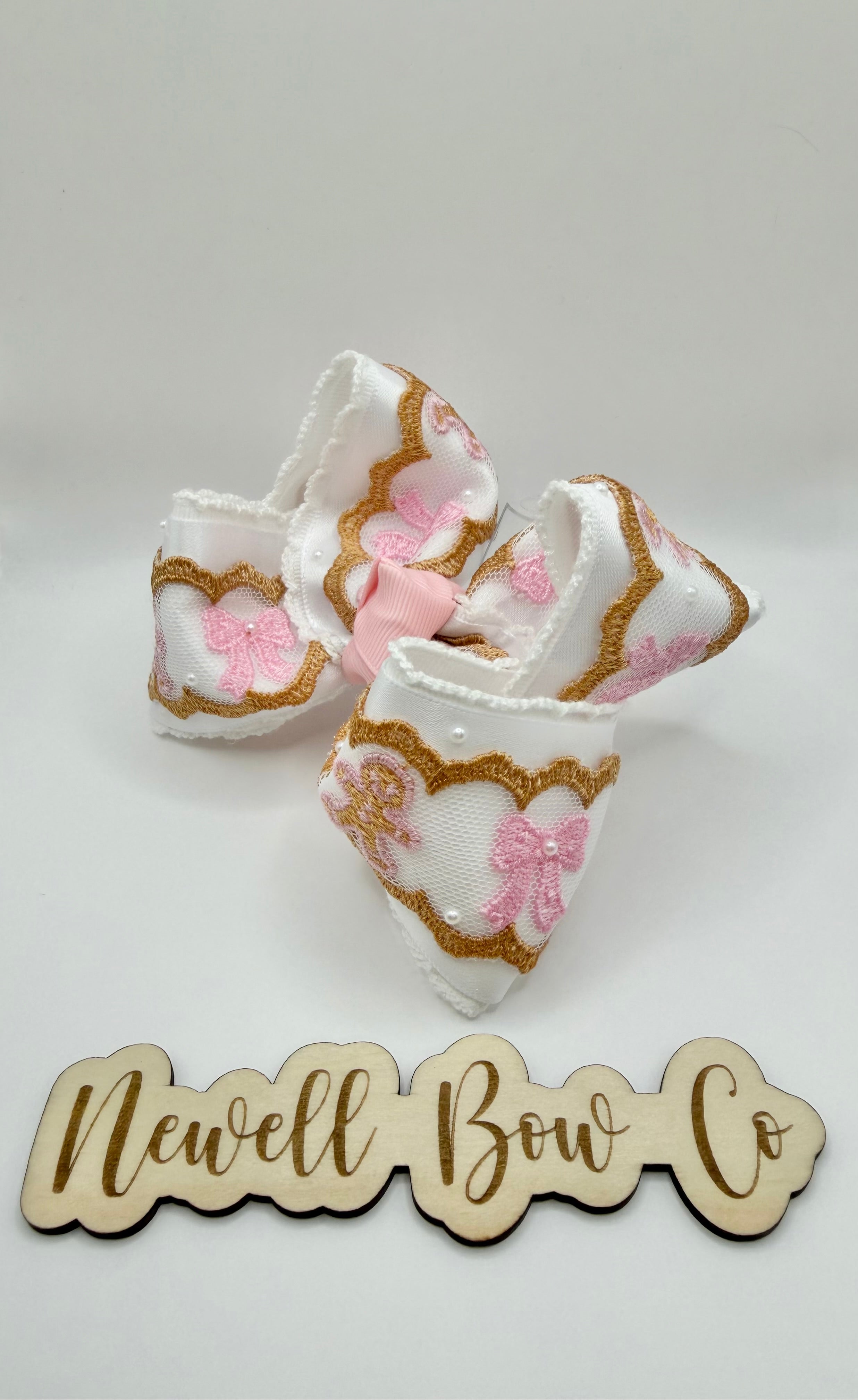 Ginger Bread Custom Lace Bow with Satin and Pearls