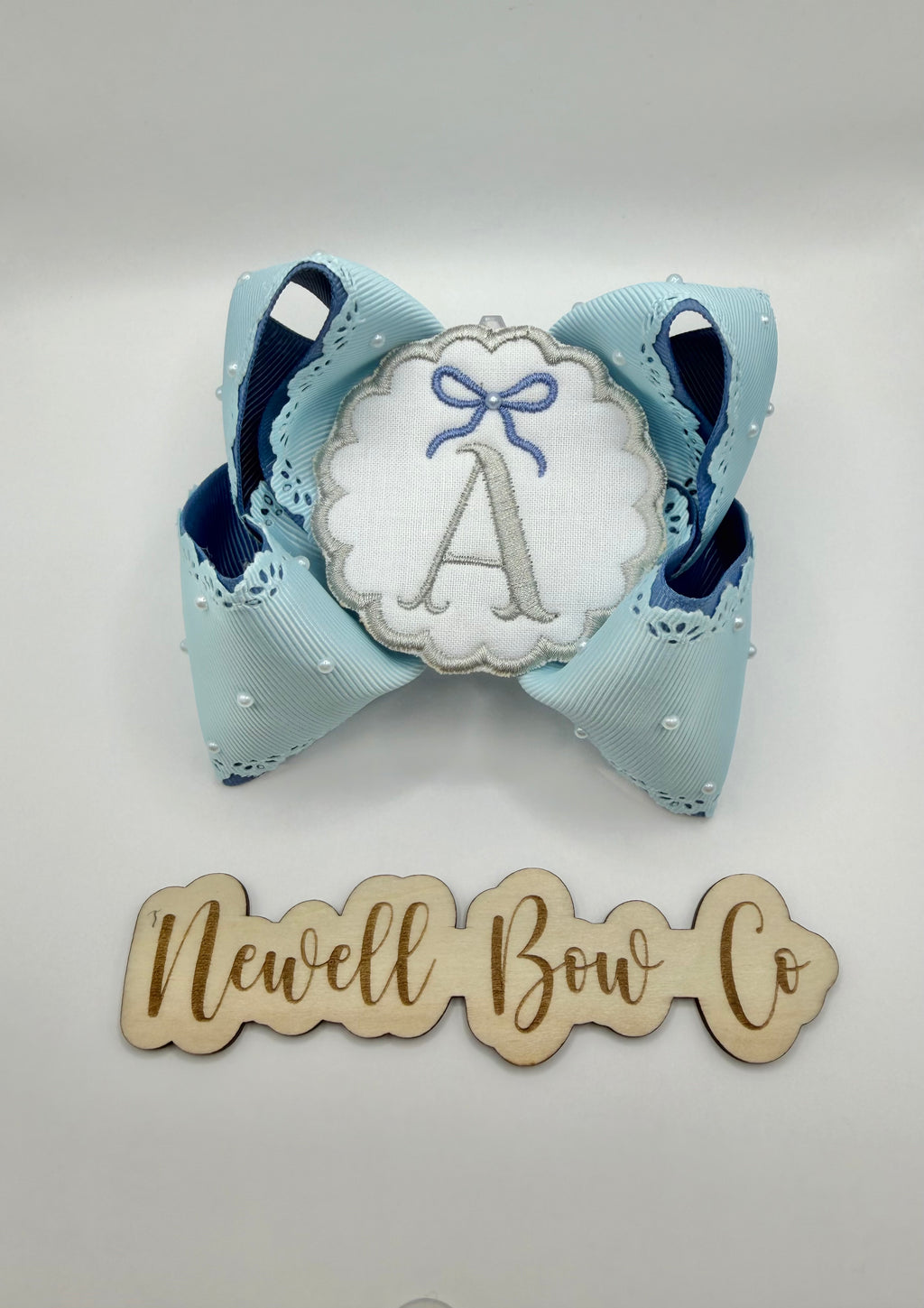 Blue Initial Embroidered Patch Bow with Pearls