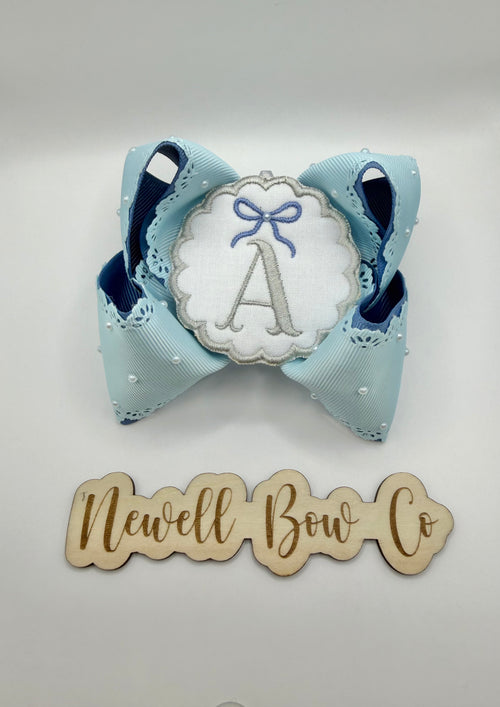 Blue Initial Embroidered Patch Bow with Pearls