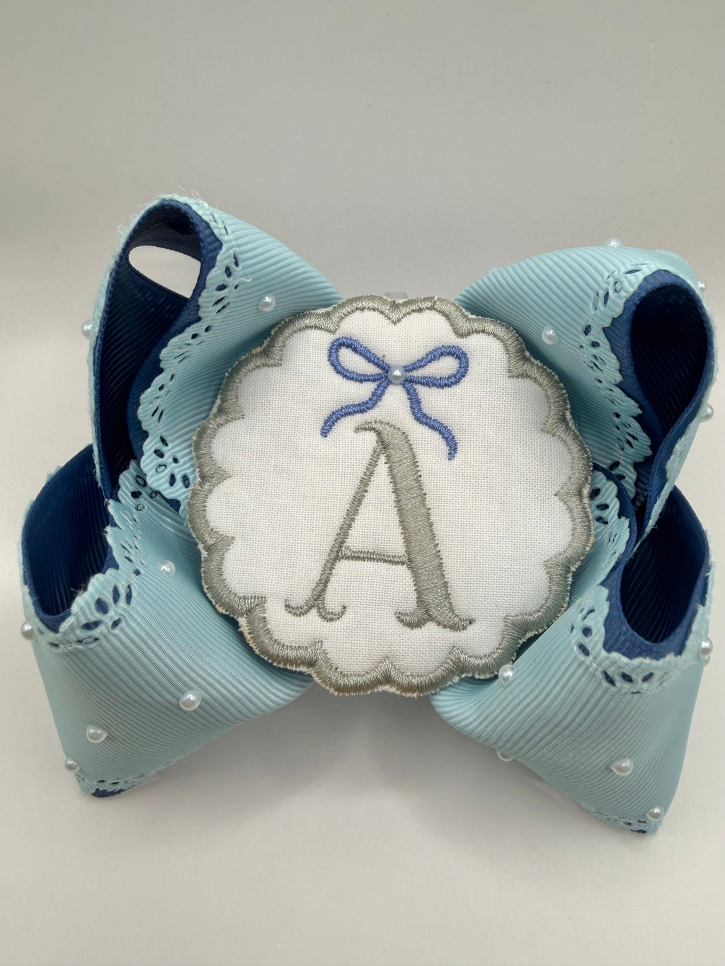 Blue Initial Embroidered Patch Bow with Pearls